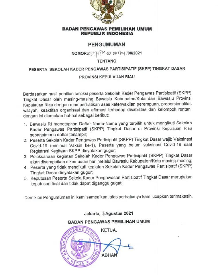 Pengumuman Daftar Nama Peserta Terpilih untuk Mengikuti Sekolah Kader Pengawas Partisipatif (SKPP) Tingkat Dasar Provinsi Kepulauan Riau Tahun 2021​