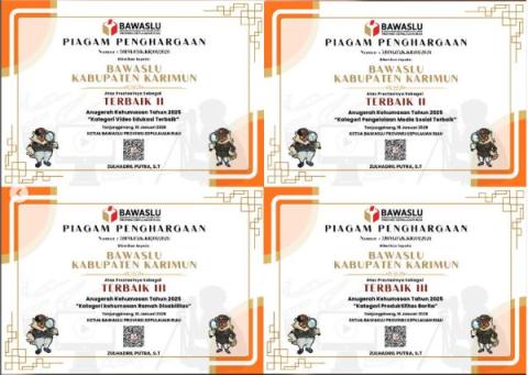 Sertifikat Penghargaan Kepada Bawaslu Kabupaten Karimun
