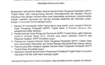 Pengumuman Daftar Nama Peserta Terpilih untuk Mengikuti Sekolah Kader Pengawas Partisipatif (SKPP) Tingkat Dasar Provinsi Kepulauan Riau Tahun 2021​